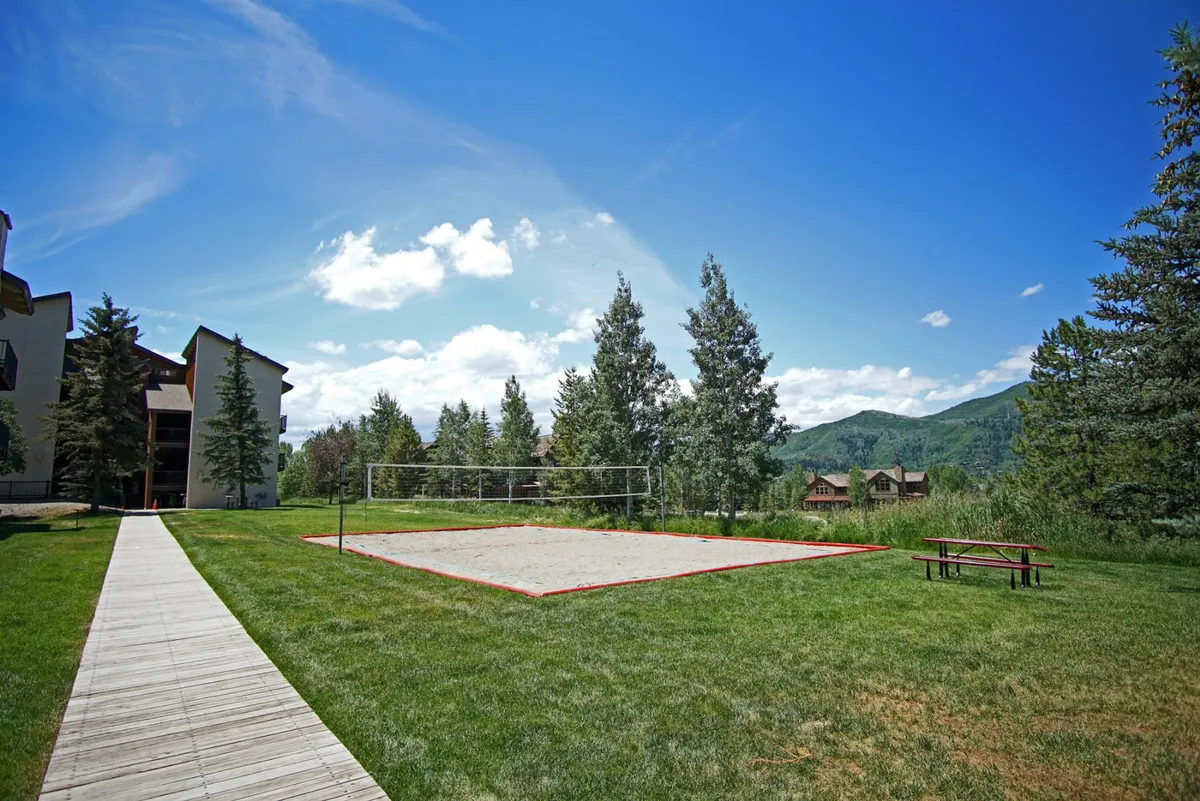 An inviting exterior shot of a sand volleyball court set within a green picnic area, framed by mature trees and with mountains in the background. The open space is ideal for active fun and group gatherings.